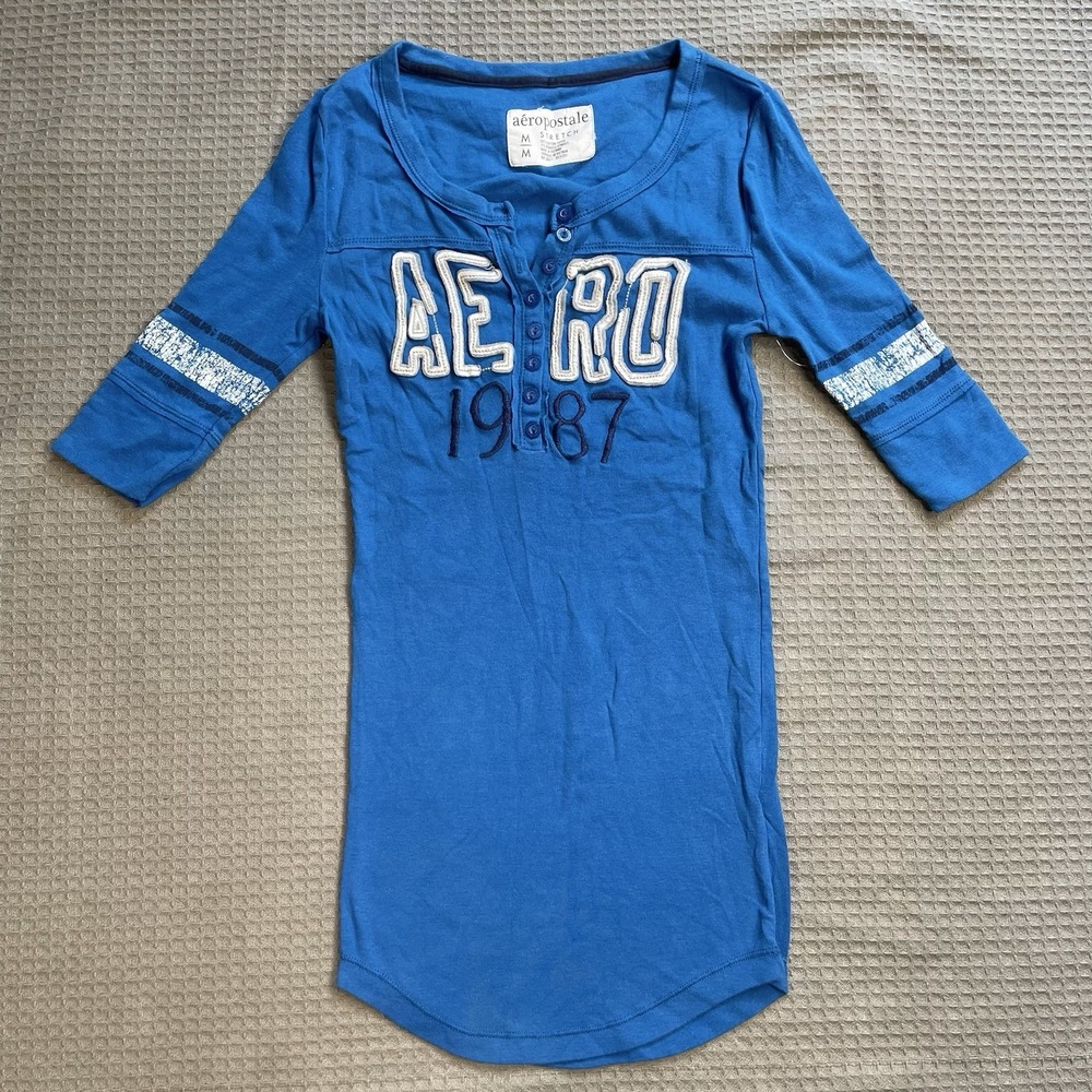 Vintage Y2K Aeropostale Henley Varsity Tee Medium Juniors Womens Stretch Blue